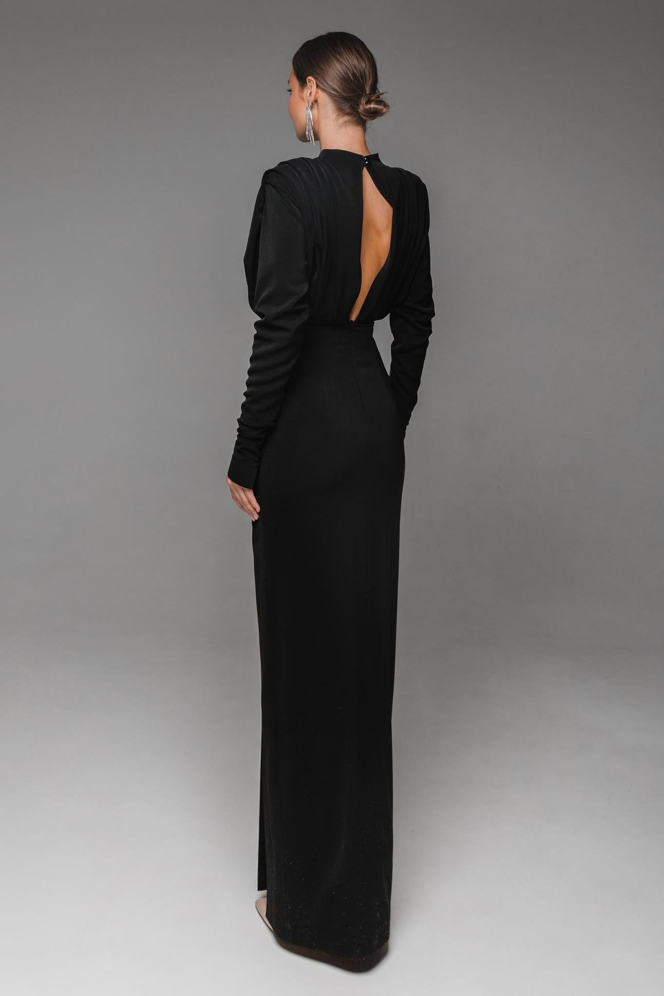 Stand Collar Long Sleeve Pleated Waist Slit Maxi Dress