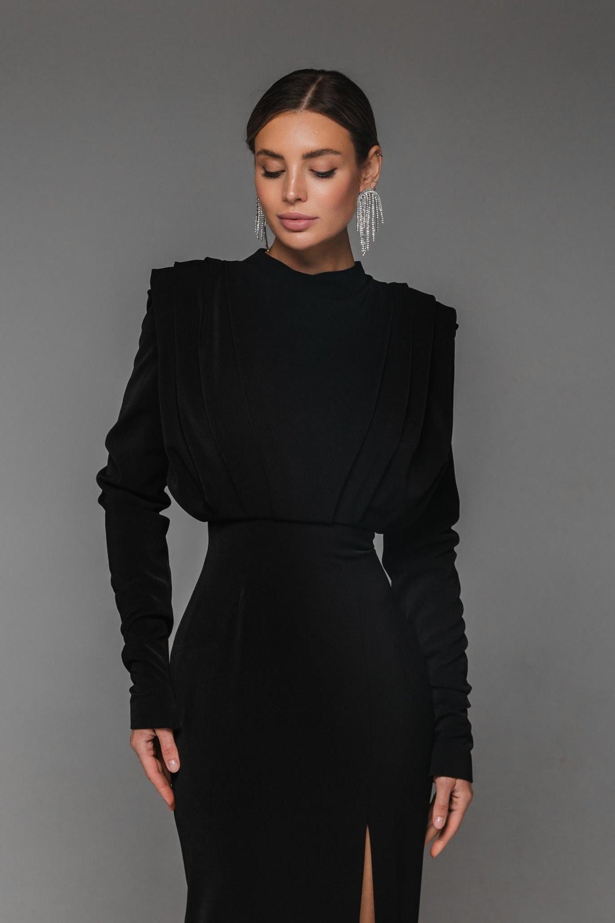 Stand Collar Long Sleeve Pleated Waist Slit Maxi Dress