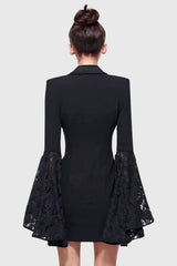 Flared Sleeve V-Neck Lace Suit Dress Black