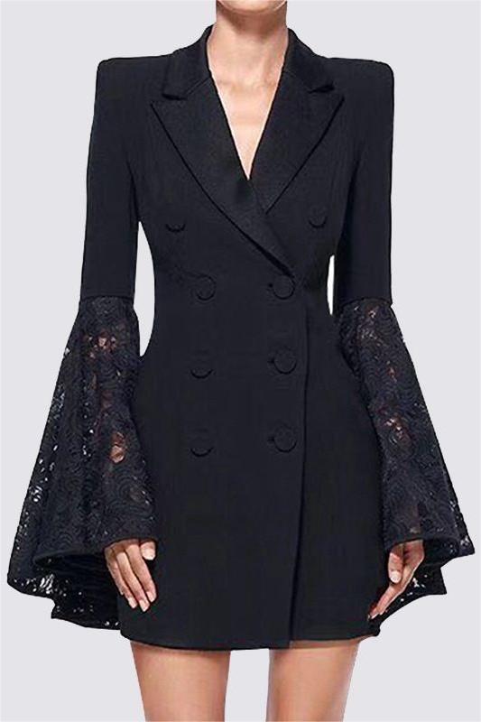 Flared Sleeve V-Neck Lace Suit Dress Black