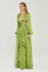 Solid V-Neck Ruffle Split Lantern Sleeve Maxi Dress