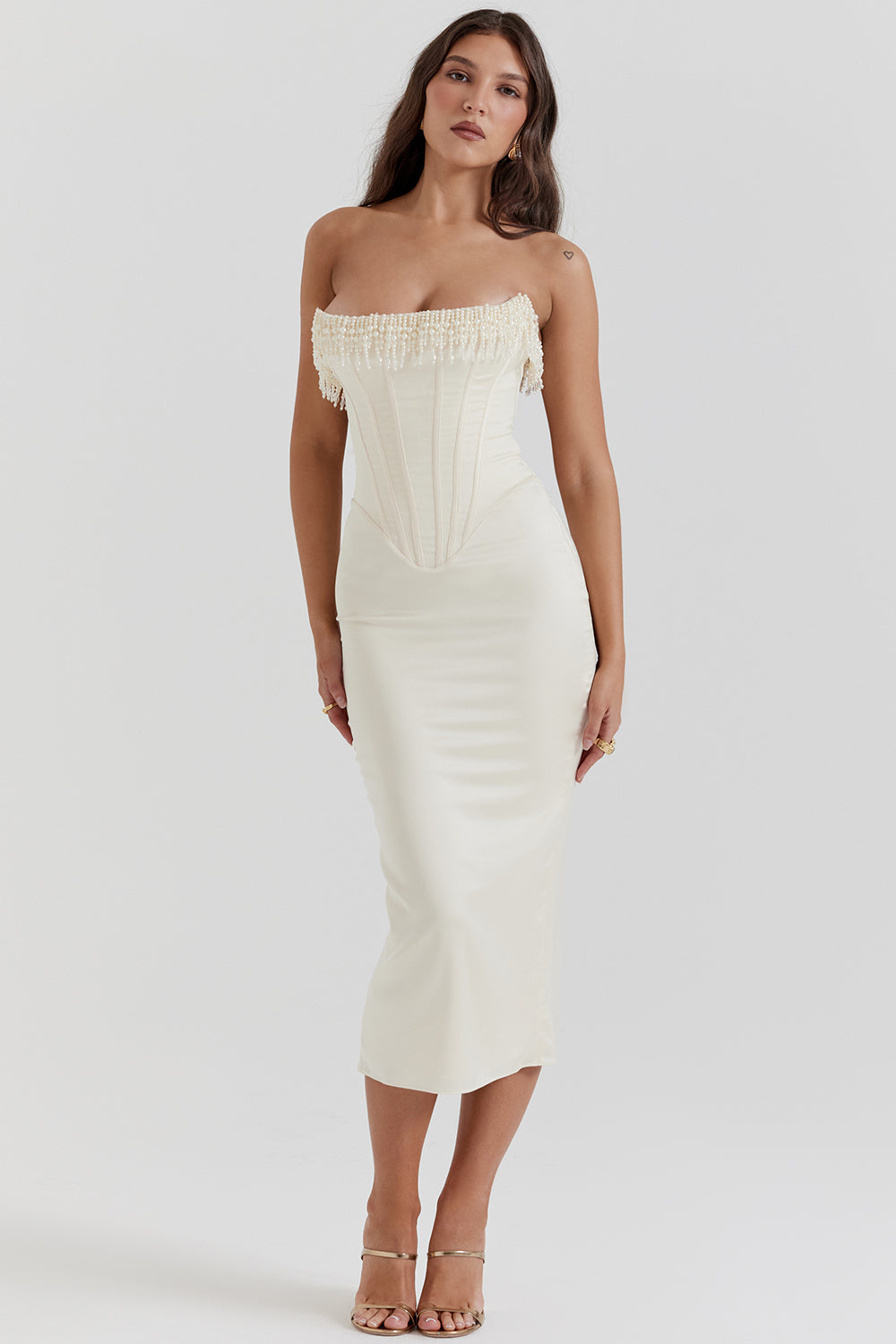 Corset Strapless Faux Pearl Midi Dress