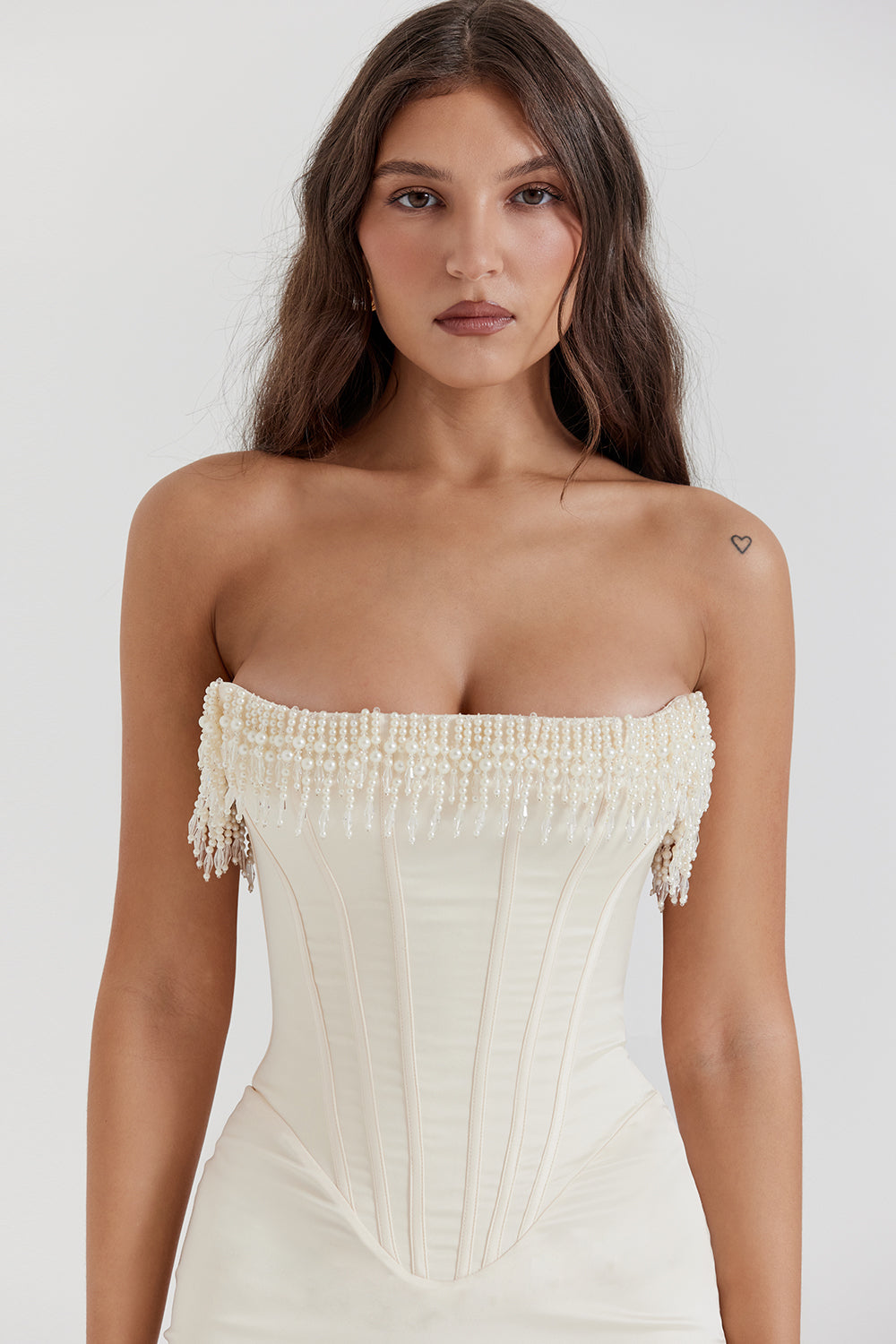 Corset Strapless Faux Pearl Midi Dress