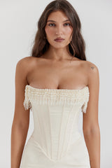 Corset Strapless Faux Pearl Midi Dress