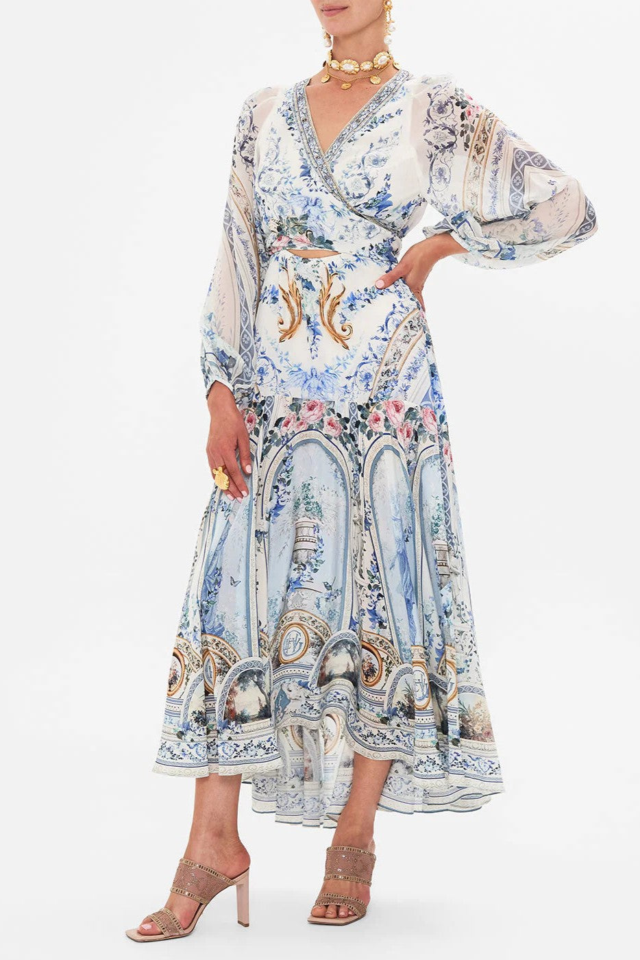 Floral V-Neck Lantern Sleeve Midi Dress