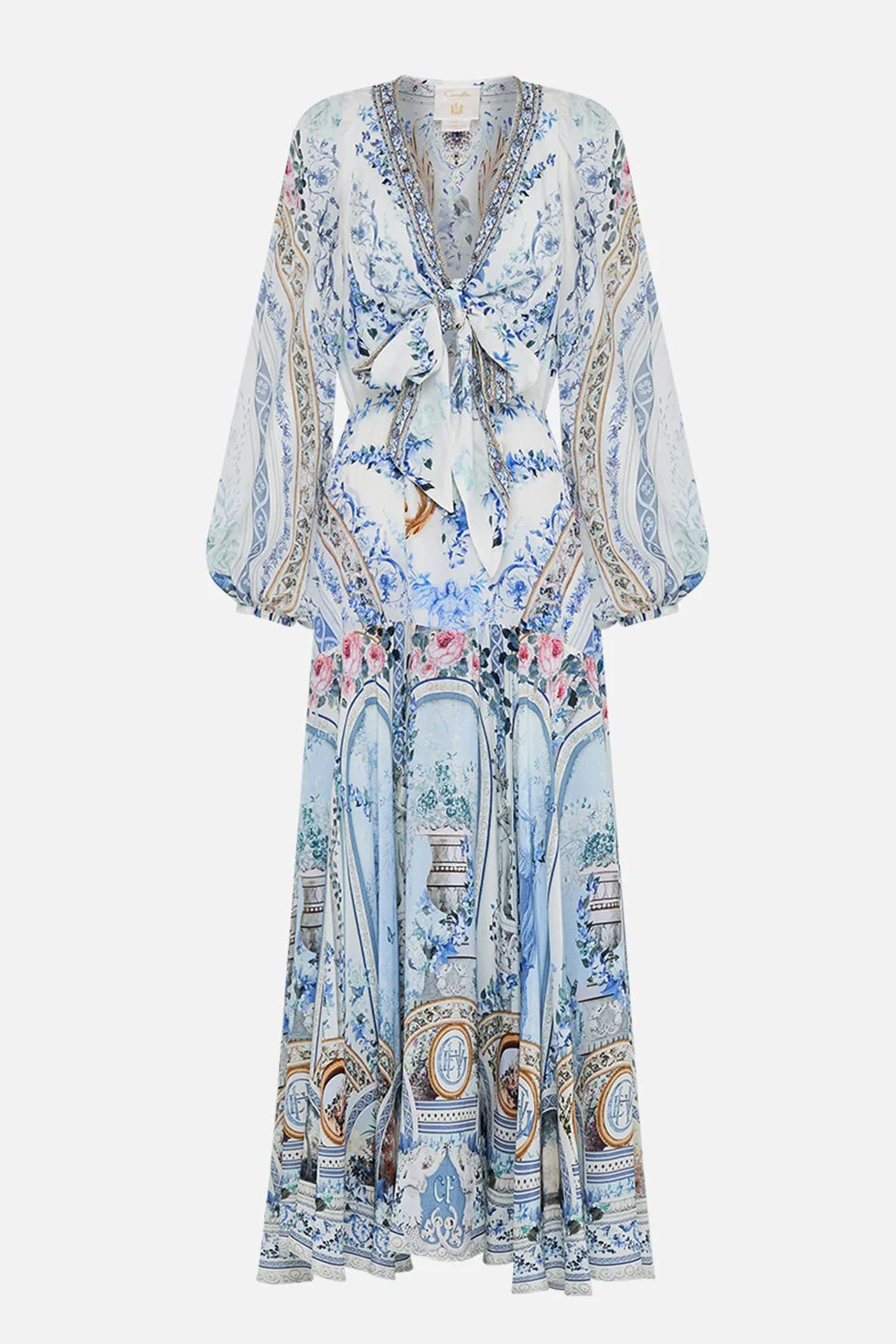 Floral V-Neck Lantern Sleeve Midi Dress