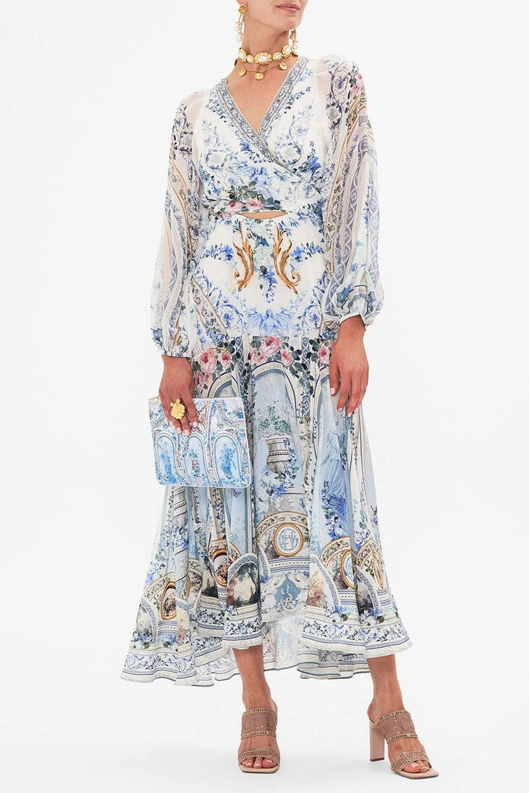 Floral V-Neck Lantern Sleeve Midi Dress