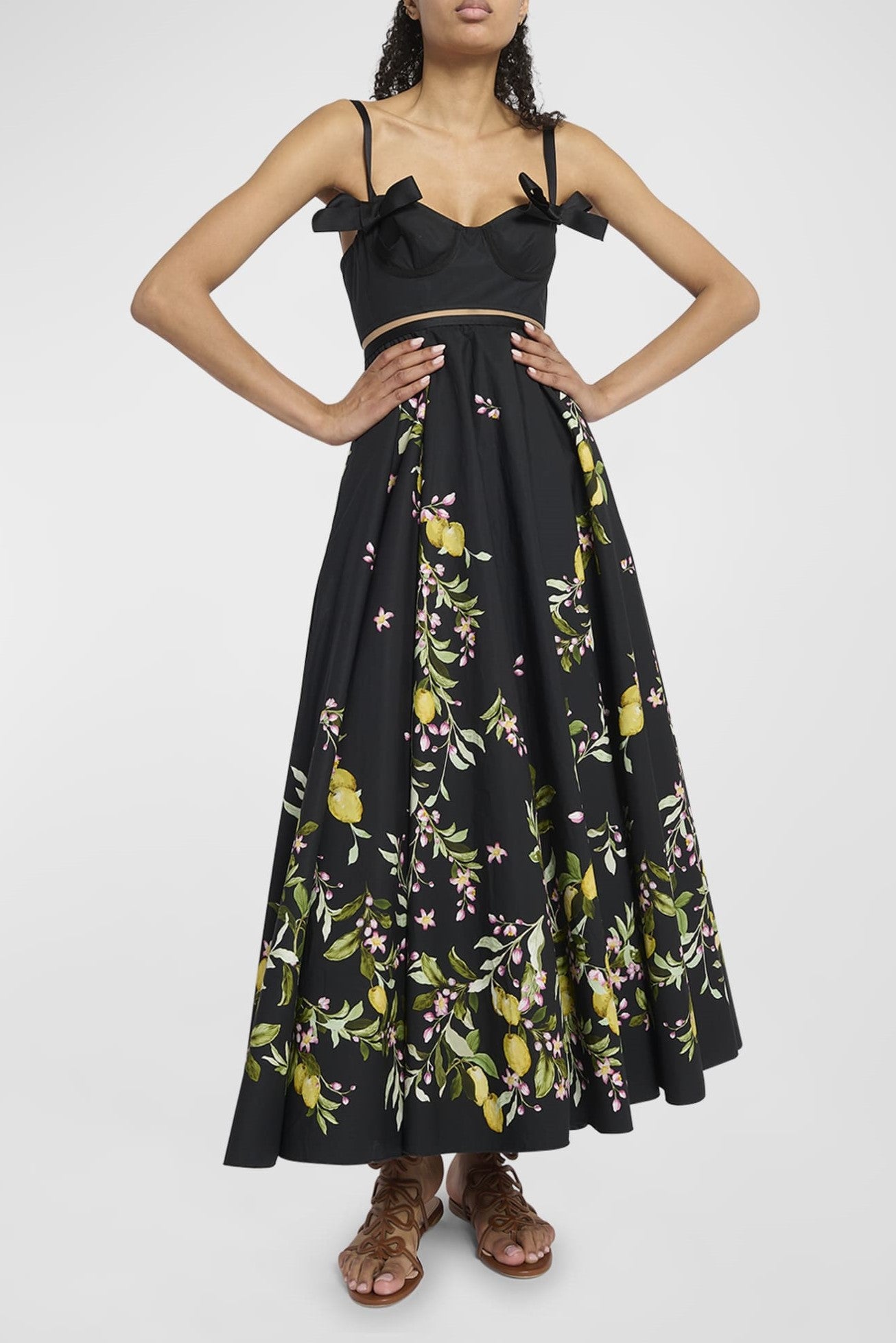 Floral Sweetheart Neckline Bow Slip Midi Dress