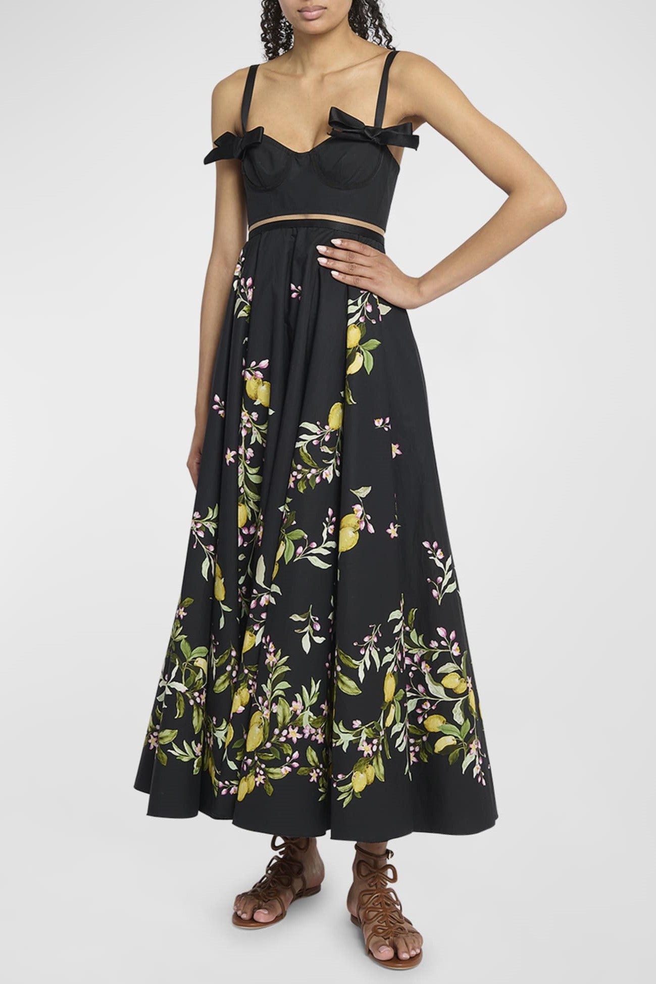 Floral Sweetheart Neckline Bow Slip Midi Dress