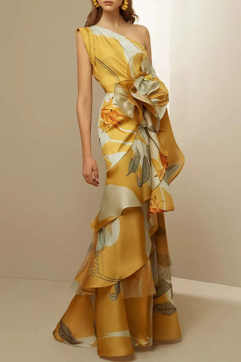 3D Floral One-Shoulder Ruffle Maxi Dress