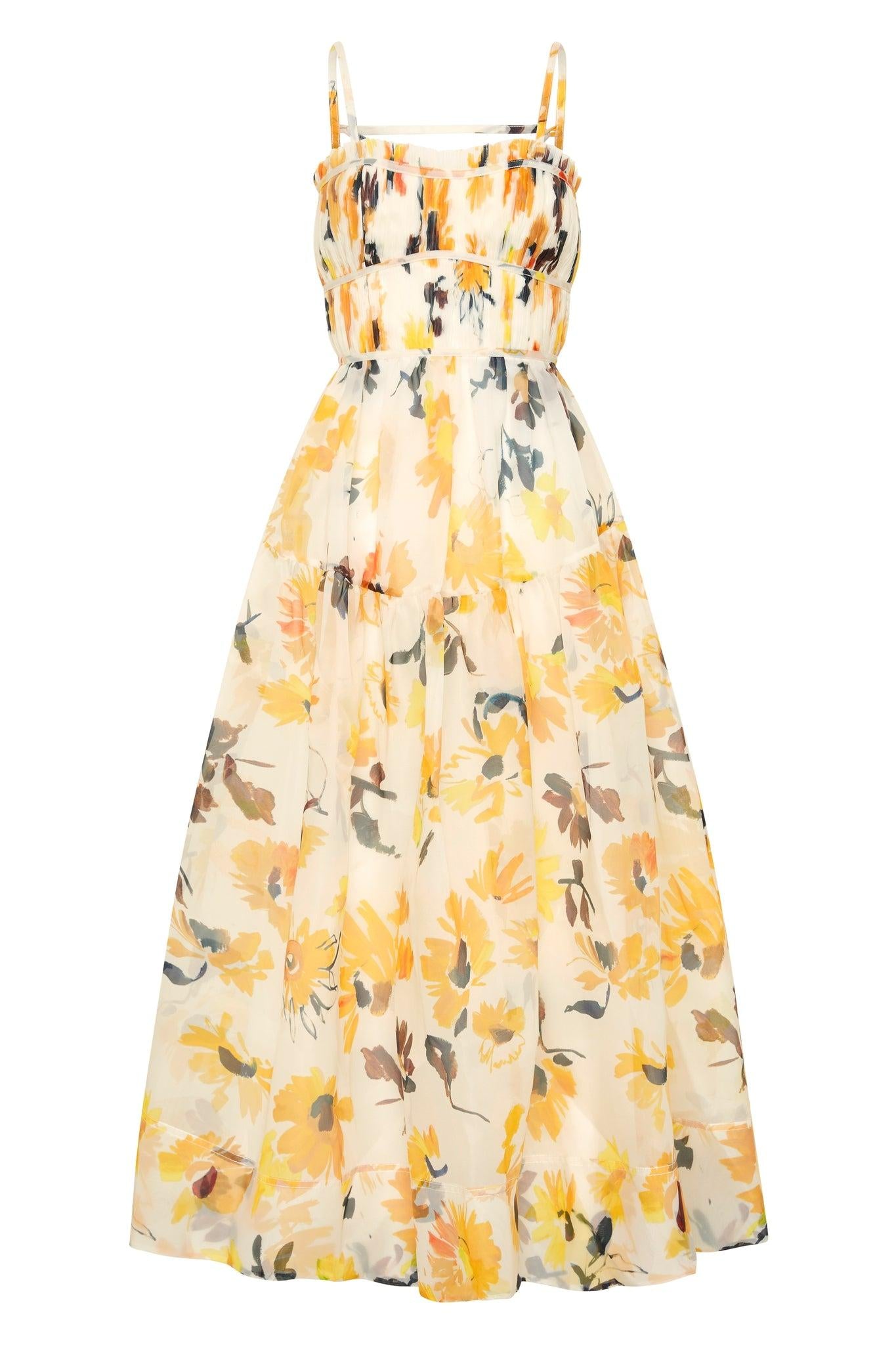 Floral Ruched Sleeveless Midi Dress