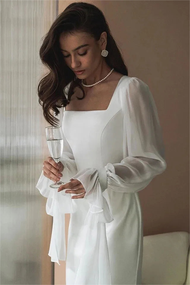 Solid Square Neck Lantern Sleeve Midi Dress