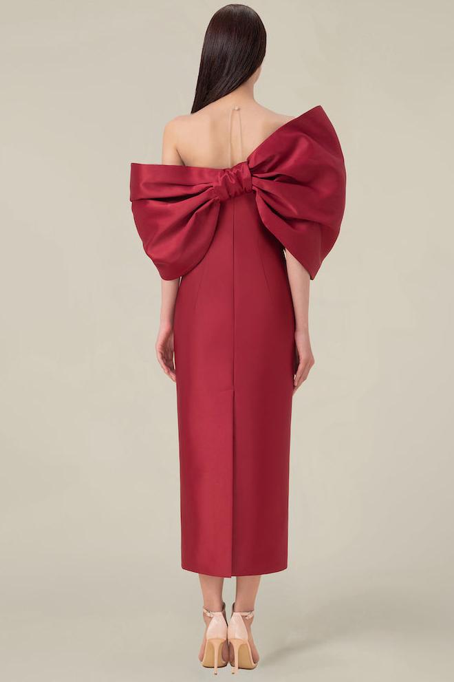 Bow Off-Shoulder Asymmetrical Midi Dress Red