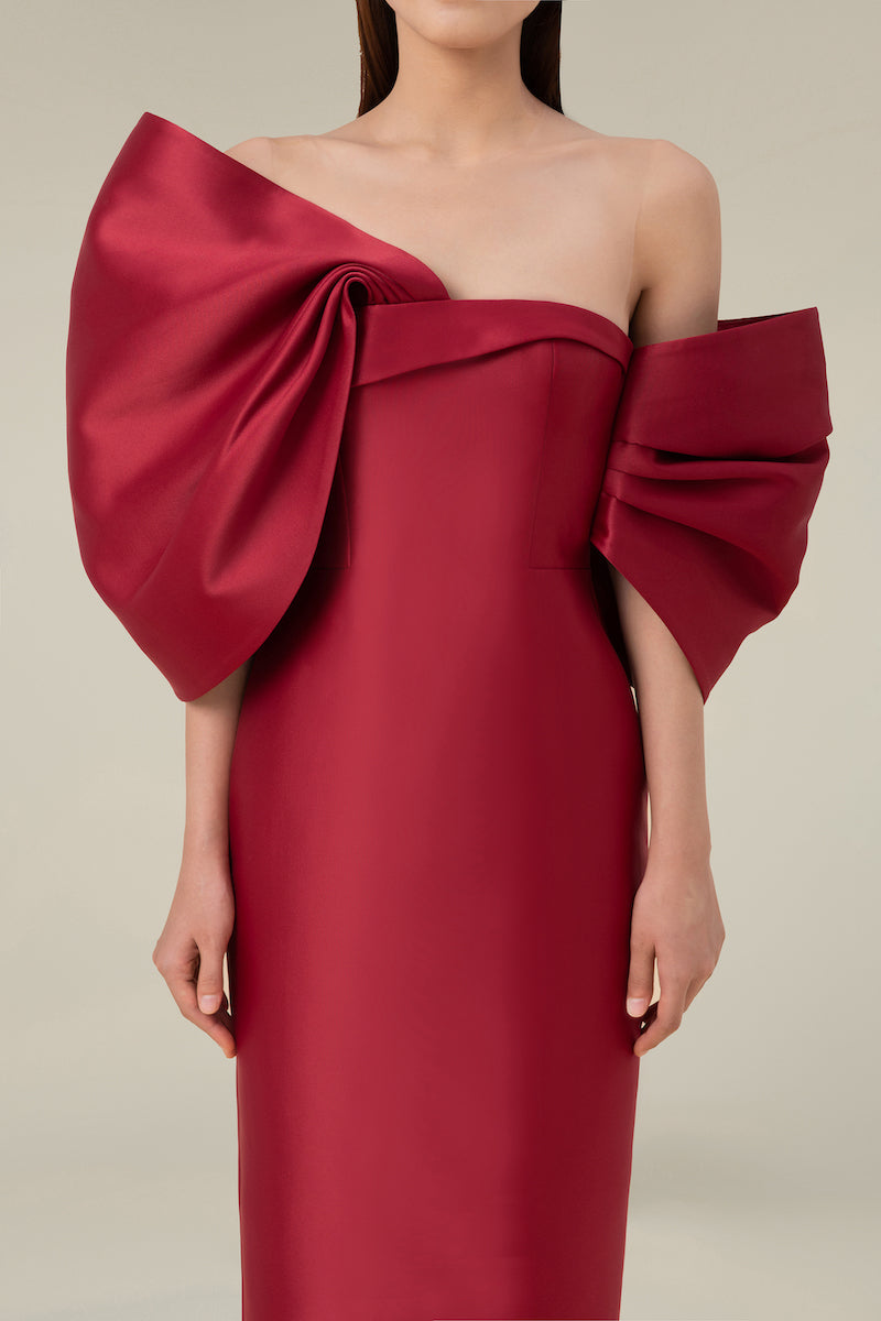 Bow Off-Shoulder Asymmetrical Midi Dress Red