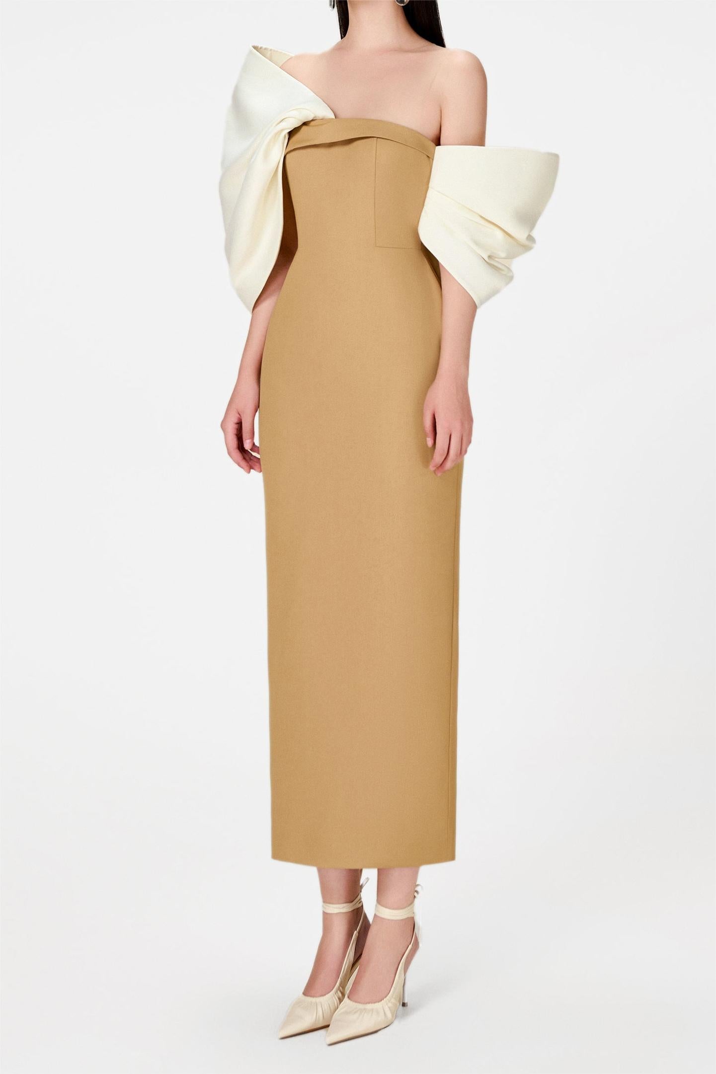 Bow Off-Shoulder Asymmetrical Midi Dress