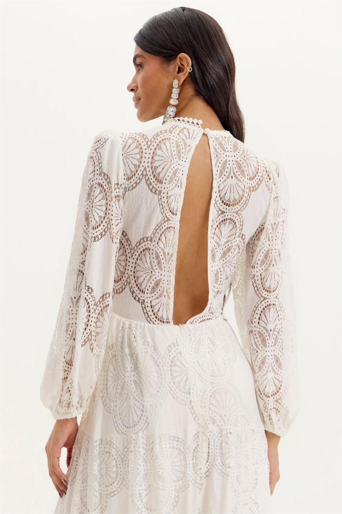 Solid Lace Lantern Sleeve Maxi Dress