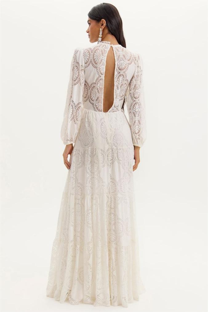 Solid Lace Lantern Sleeve Maxi Dress