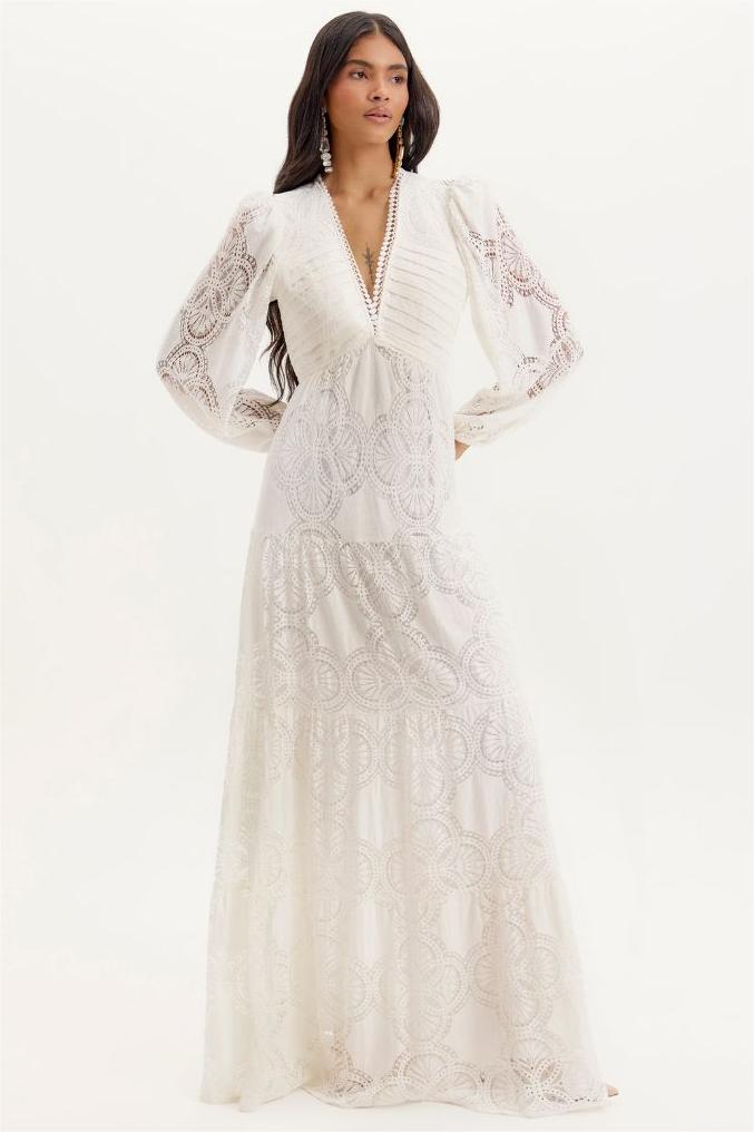 Solid Lace Lantern Sleeve Maxi Dress