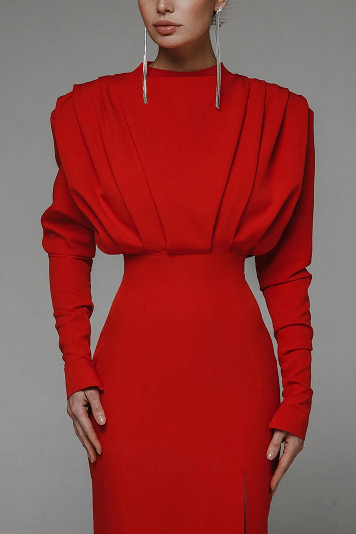 Solid High Split Long Sleeve Midi Dress