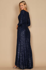 Sequin V-Neck Long Sleeve Midi Dress