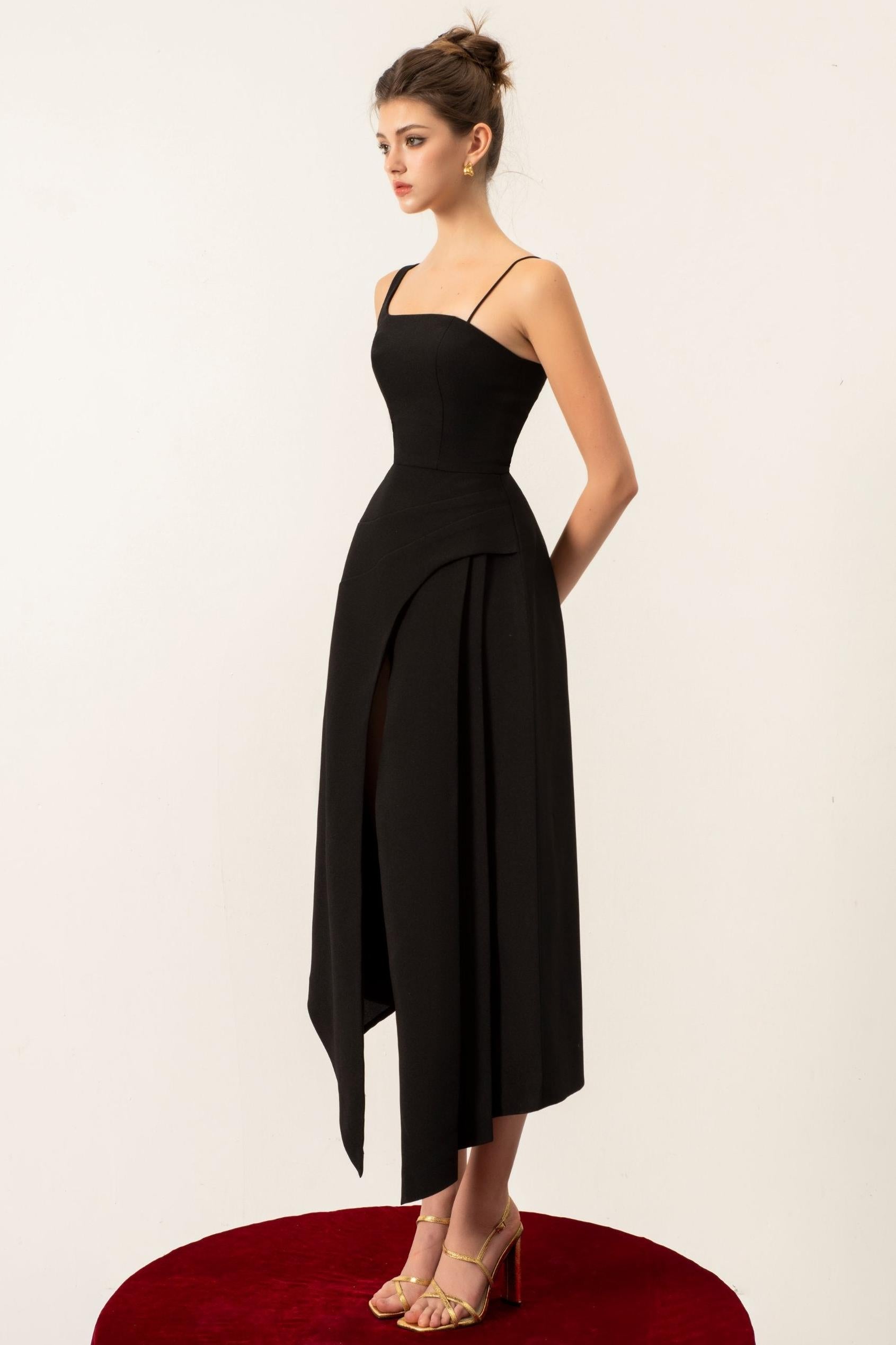 Contrast Color Cape Slip Midi Dress