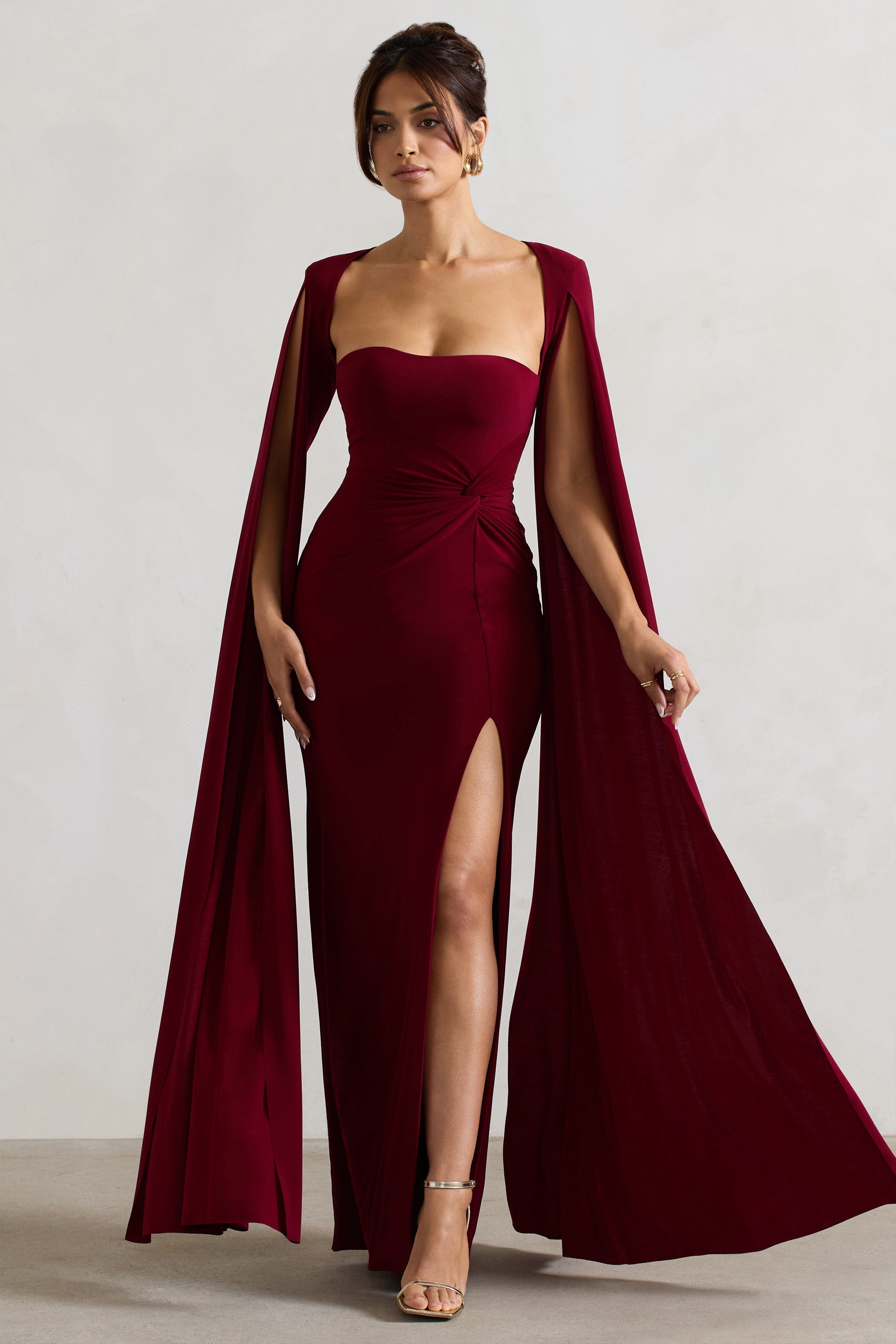 Solid Square Collar High Slit Midi Dress