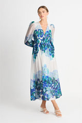 Floral V-Neck Lantern Sleeve Midi Dress