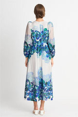 Floral V-Neck Lantern Sleeve Midi Dress