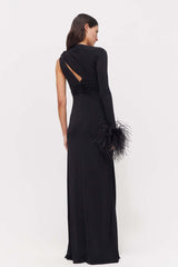 Jersey Feather One-Shoulder Maxi Dress