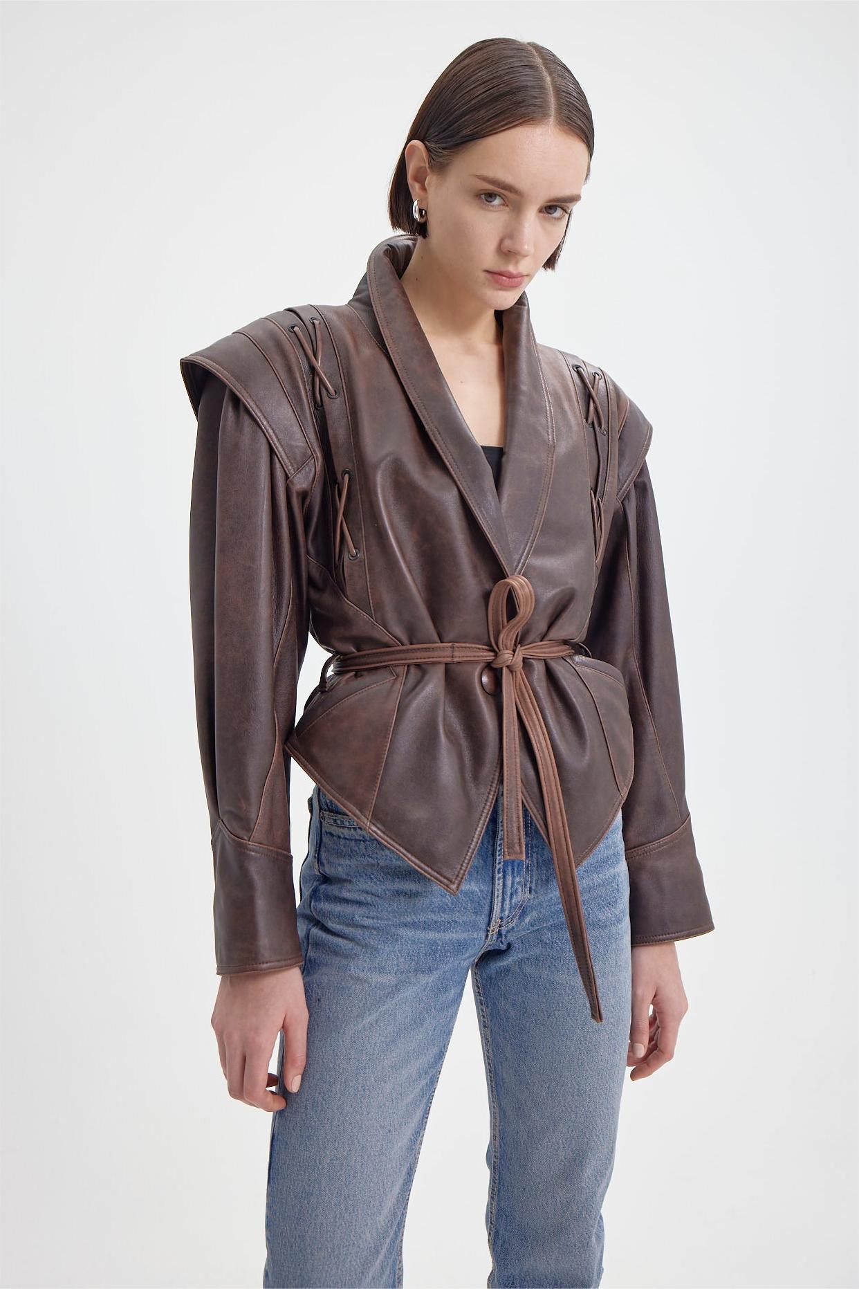 Pu Leather Flapped Coat With Belt