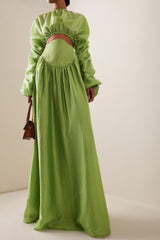 Round Neck Long Sleeve Gathering Top & High Waist Solid Maxi Skirt Set