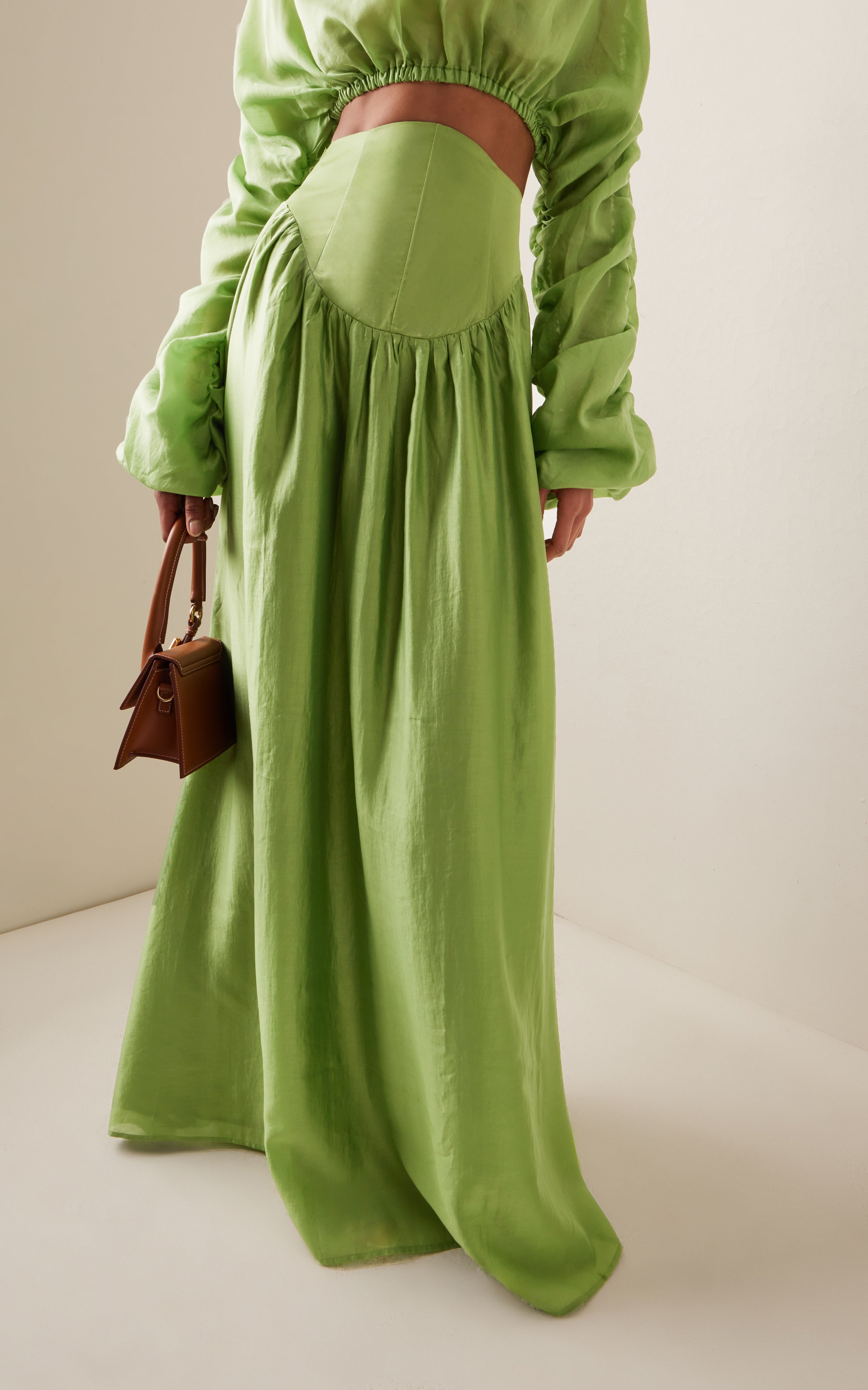 Round Neck Long Sleeve Gathering Top & High Waist Solid Maxi Skirt Set