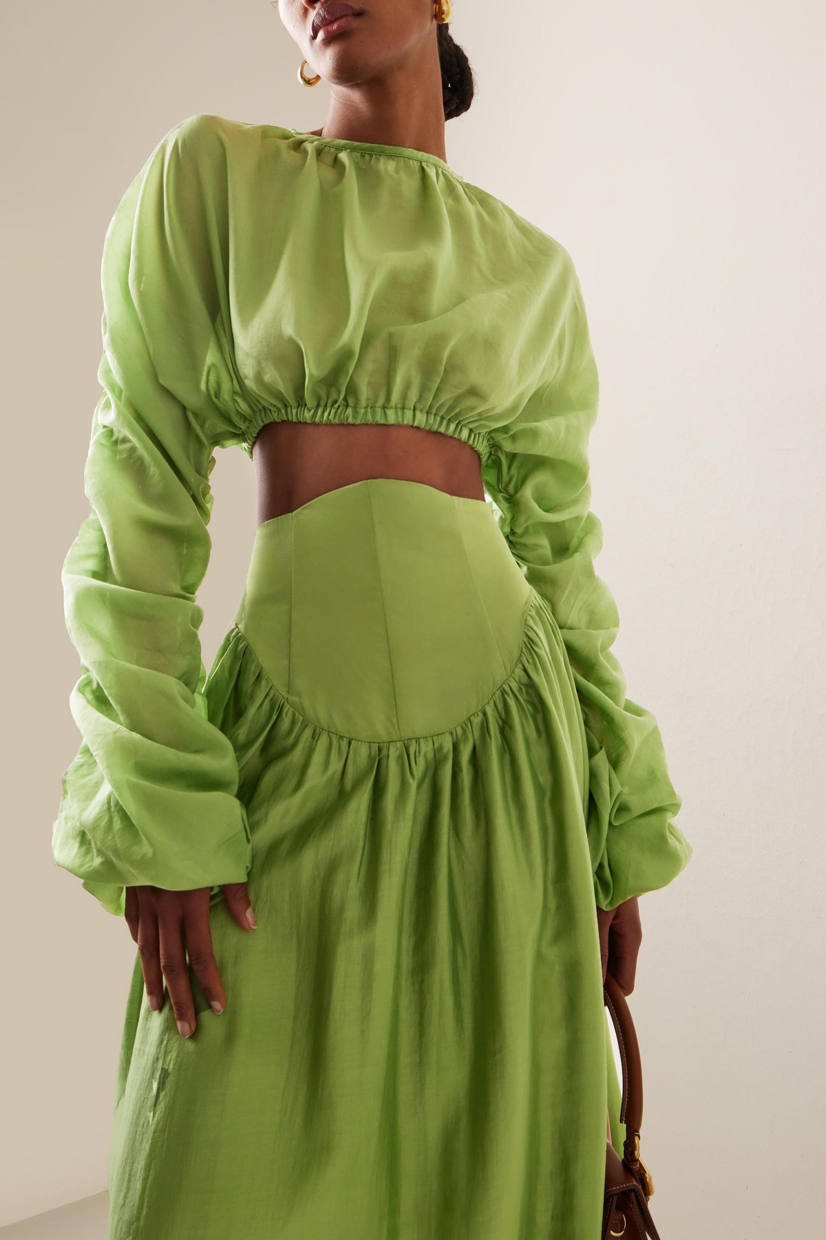 Round Neck Long Sleeve Gathering Top & High Waist Solid Maxi Skirt Set