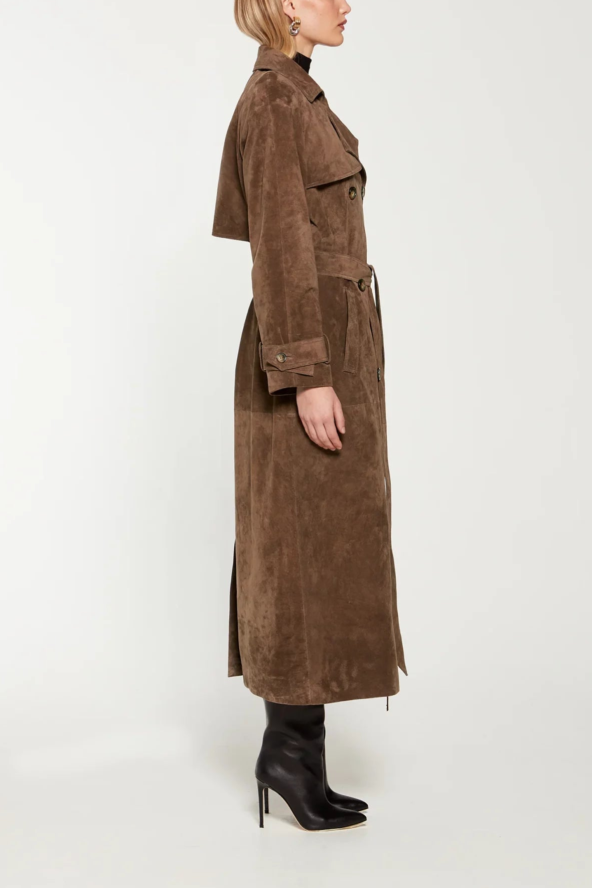 Suede Fabric Metal Button Long Sleeve Coat