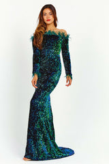 Sequin Velvet Feather Midi Dress