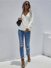 Smaibulun | Lantern-Sleeve V-Neck Wrap Knit Top - White