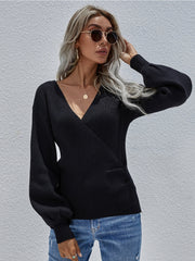 Smaibulun | Lantern-Sleeve V-Neck Wrap Knit Top - Black