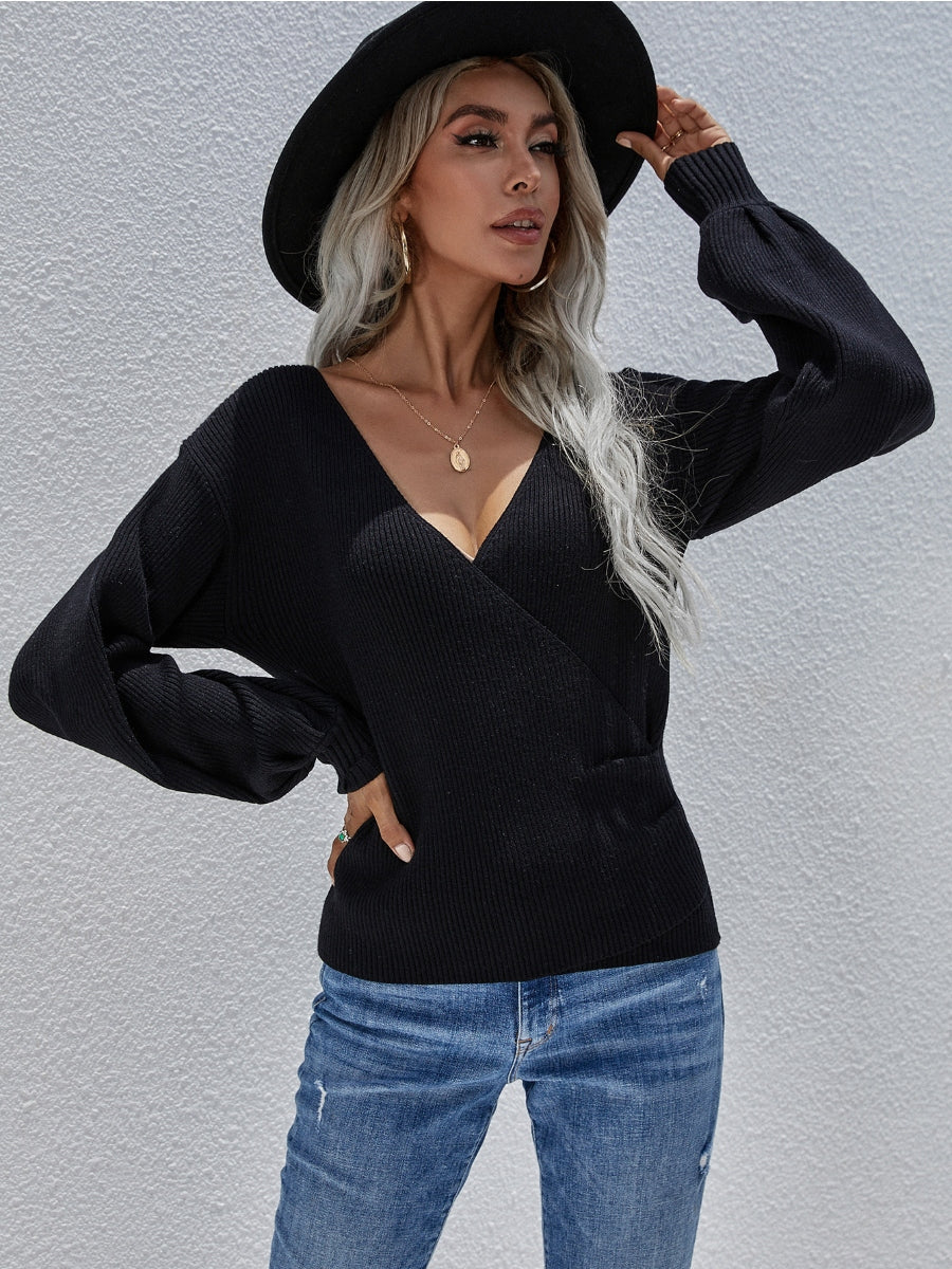 Smaibulun | Lantern-Sleeve V-Neck Wrap Knit Top - Black