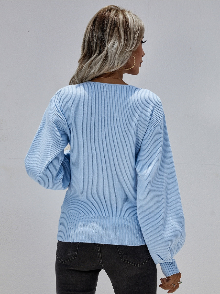 Smaibulun | Lantern-Sleeve V-Neck Wrap Knit Top - Blue