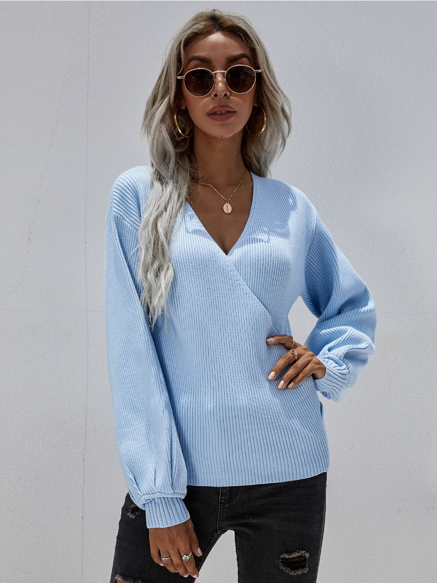 Smaibulun | Lantern-Sleeve V-Neck Wrap Knit Top - Blue