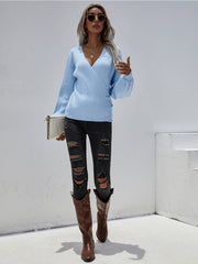 Smaibulun | Lantern-Sleeve V-Neck Wrap Knit Top - Blue