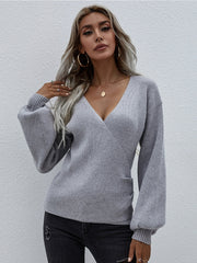 Smaibulun | Lantern-Sleeve V-Neck Wrap Knit Top - Grey