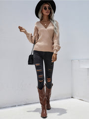 Smaibulun | Lantern-Sleeve V-Neck Wrap Knit Top - Beige