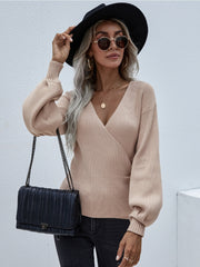 Smaibulun | Lantern-Sleeve V-Neck Wrap Knit Top - Beige