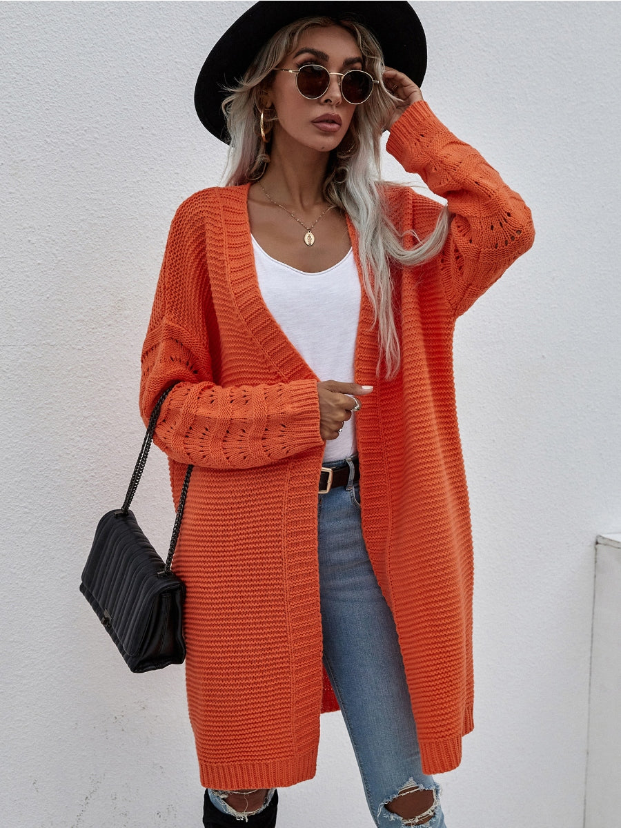 Braid Open Knit Long Cardigan - Orange