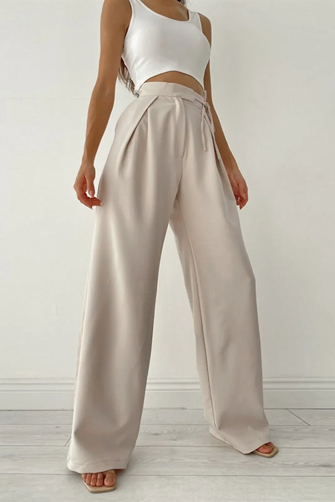 Juno Solid Beige Palazzo Tied Wide Leg Pants