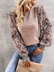 Hairos Floral Contrast Blouse Sweater - Beige