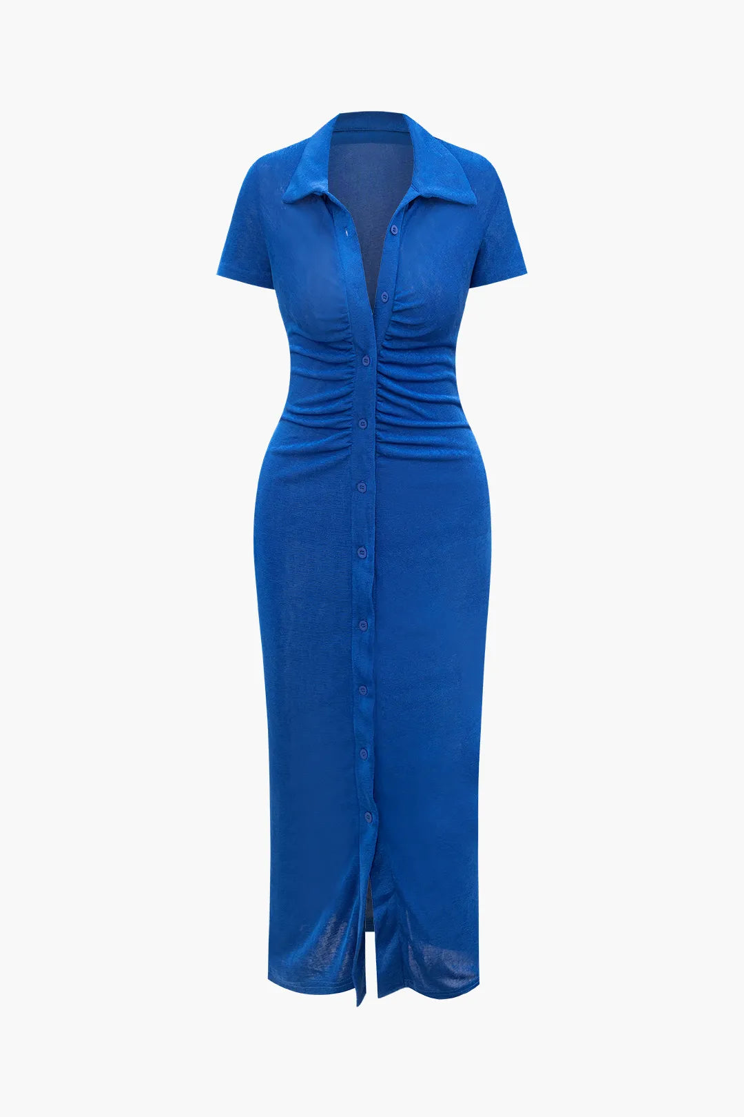 Kava Blue Ruched Button Up Collar Midi Dress