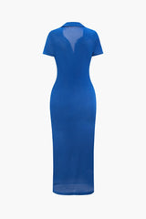 Kava Blue Ruched Button Up Collar Midi Dress