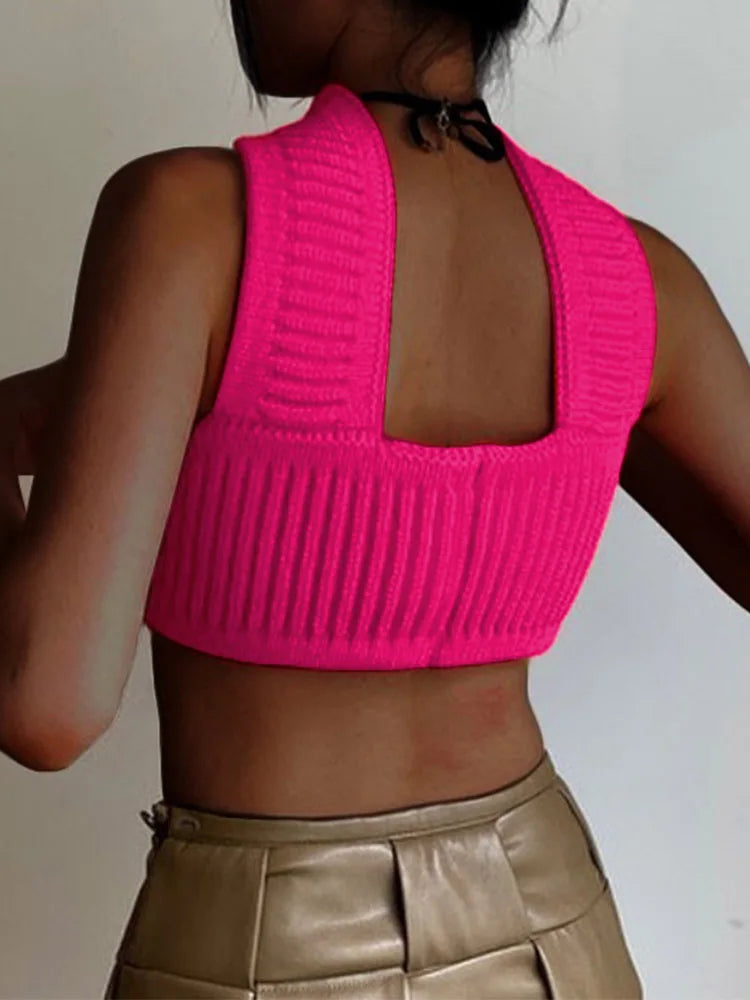 Knitted Summer Basic Shirts Crop Tops Blue Casual Streetwear Mini Vest Women Clothes Beach Vacation Tank Top Y2K 2024